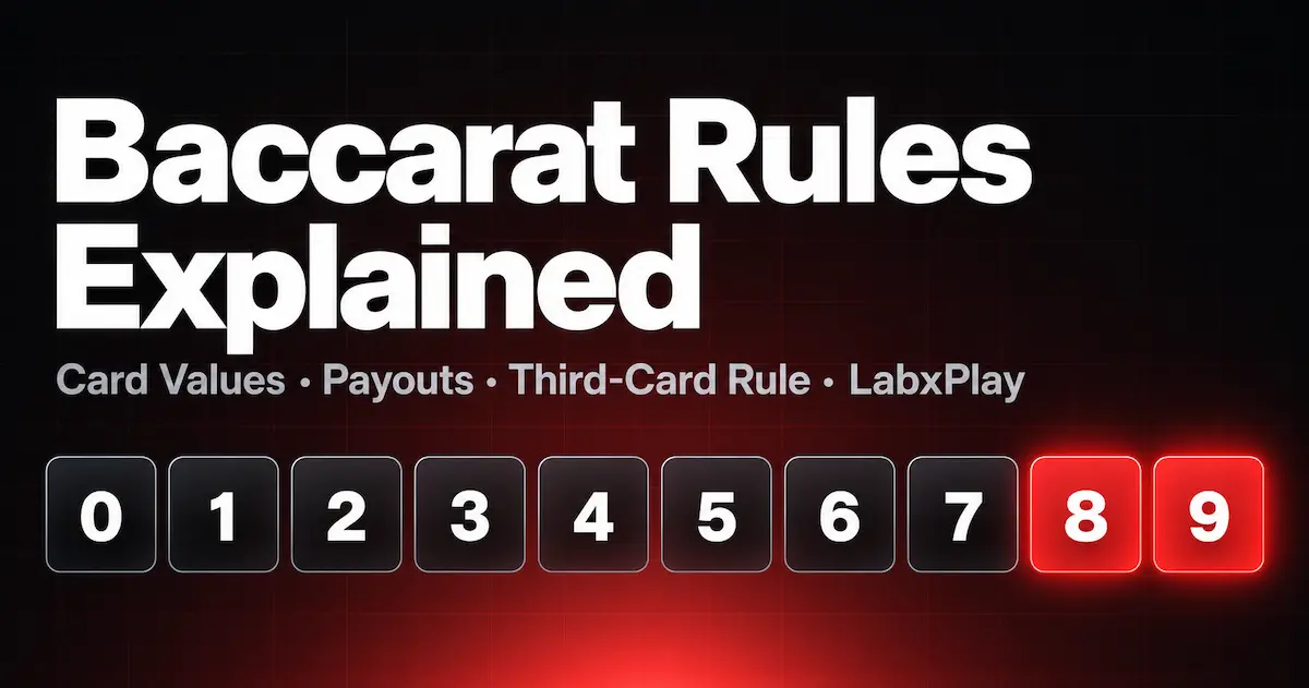 Baccarat rules explained: a row of number tiles from 0 to 9 with 8 and 9 highlighted as naturals – LabxPlay