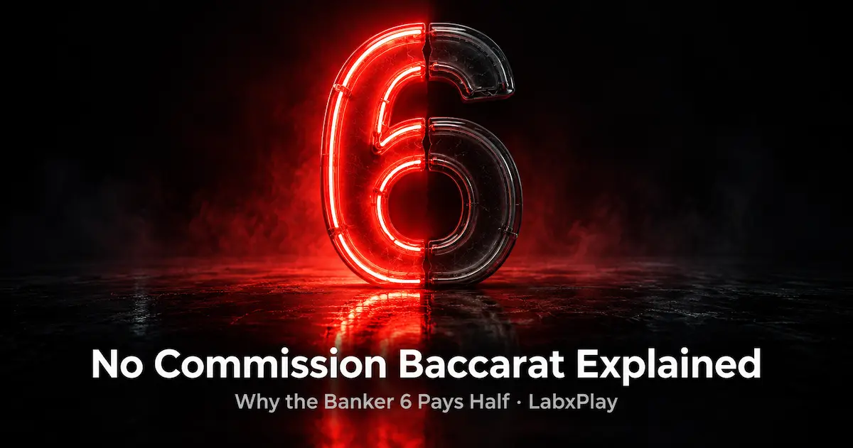 A neon number 6 with only its left half lit, showing that a Banker win with 6 pays half in No Commission Baccarat – LabxPlay