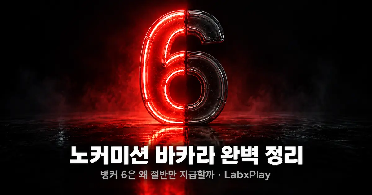 왼쪽 절반만 켜진 네온 숫자 6, 노커미션 바카라에서 뱅커 6 승리 시 절반만 지급됨을 나타냄 – LabxPlay