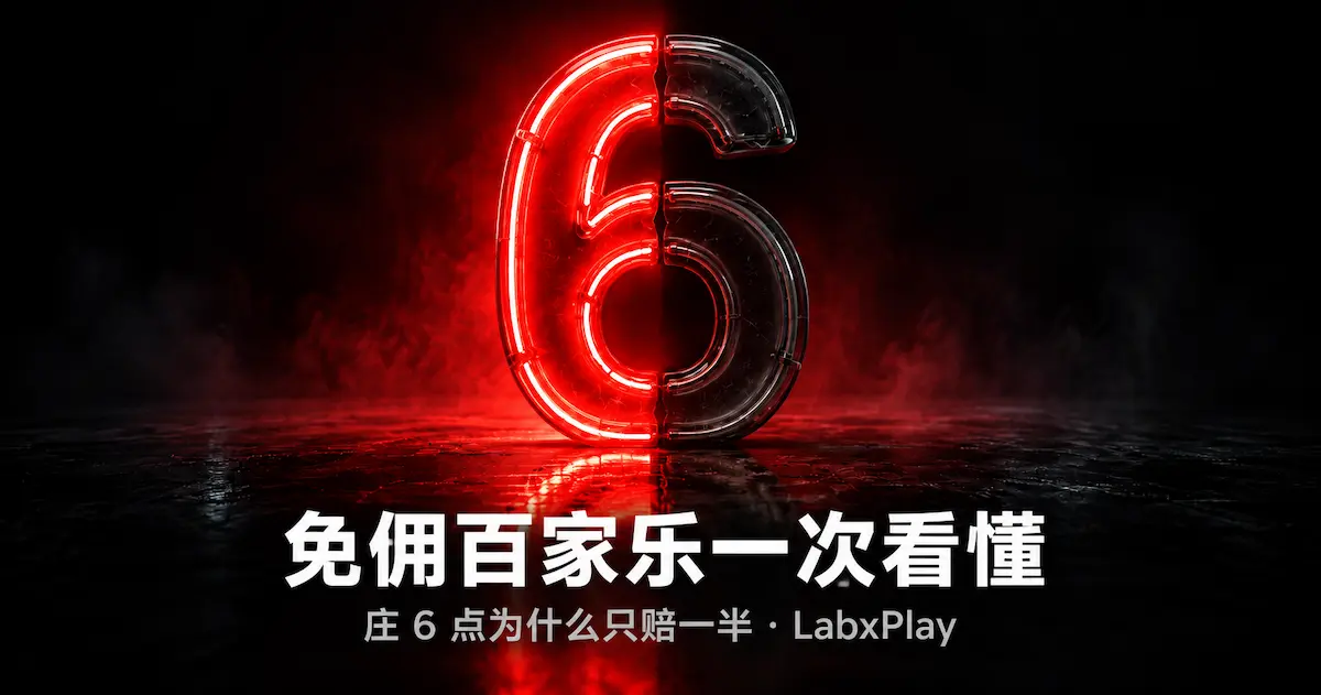 只有左半边亮起的霓虹数字 6，代表免佣百家乐中庄以 6 点获胜只赔一半 – LabxPlay